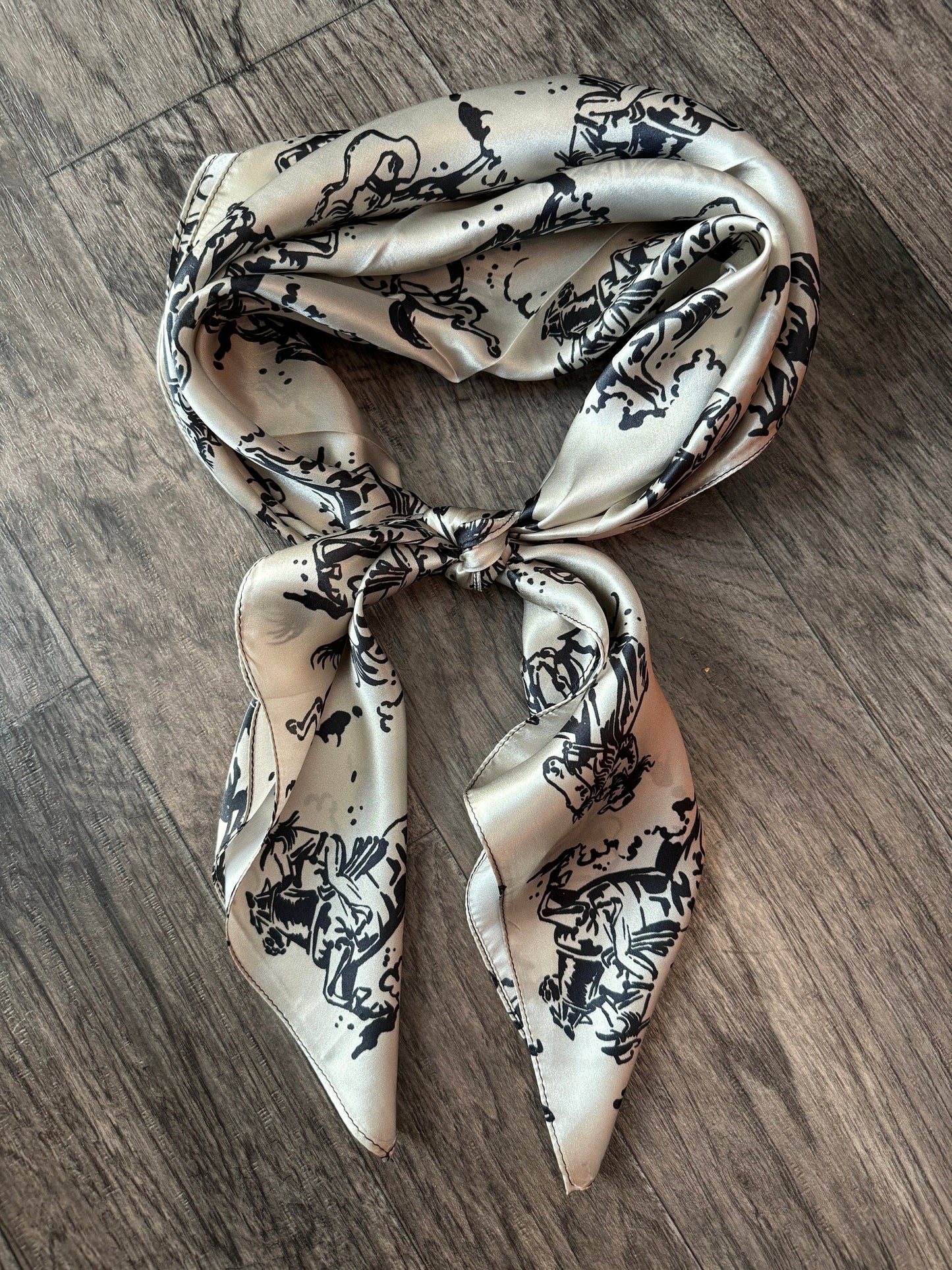 100% Silk Wild Rag “Ride ‘em Cowgirl” black and tan by Double B Wild Rags