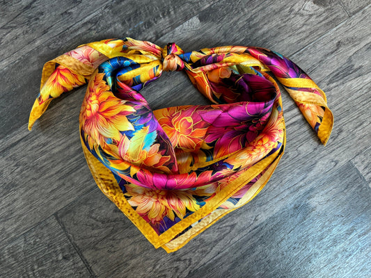 100% Silk Wild Rag “Golden Dahlias” pink purple blue orange yellow by Double B Wild Rags