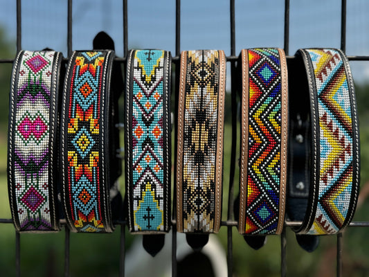 Western leather dog collar tooled and seed bead details by Double B Wild Rags