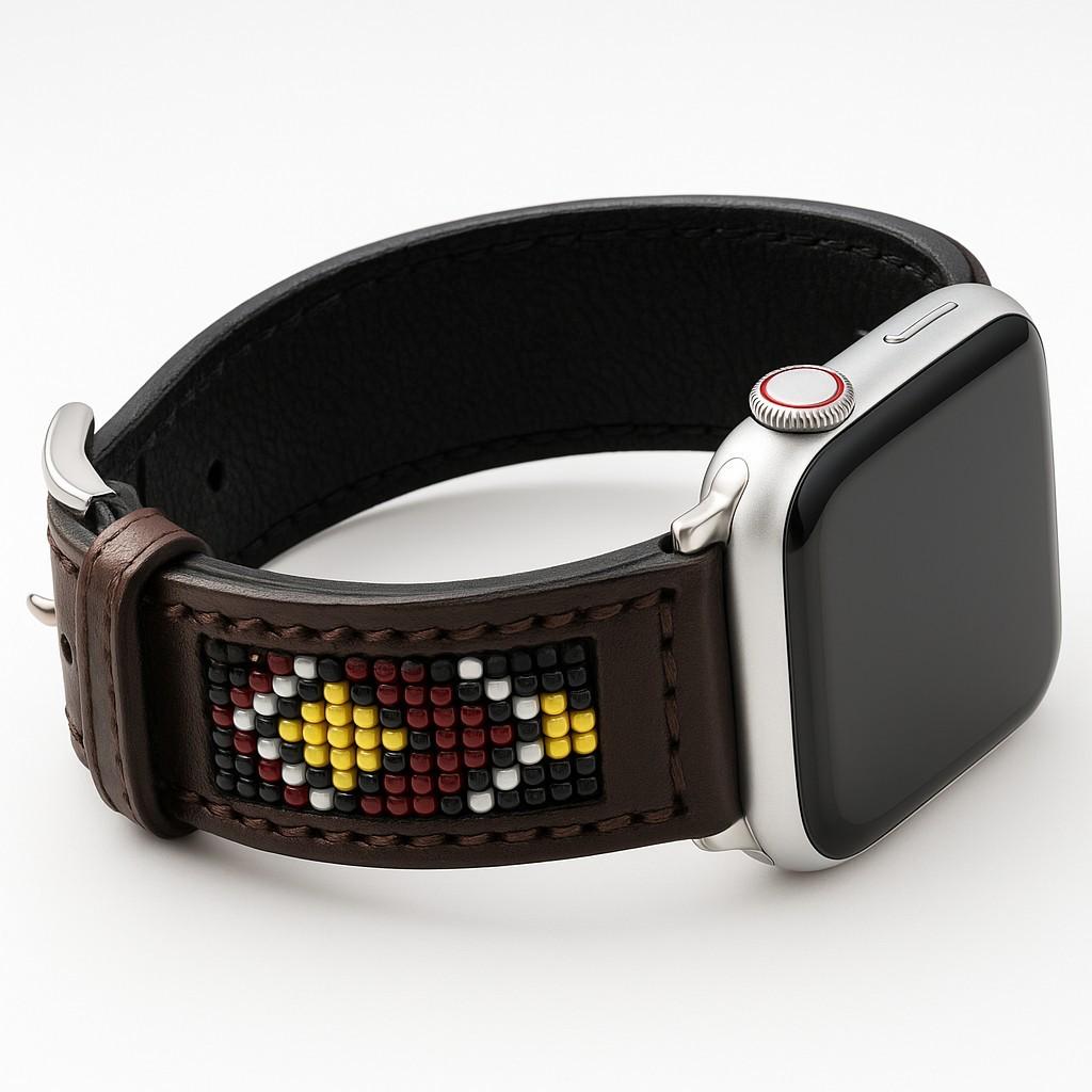 Western Native Seed Bead Leather Apple Watch Band by Double B Wild Rags Fits 42mm 44mm 45mm