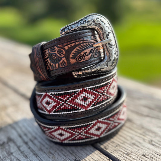 Genuine Leather Western Belt with tooled and Seed Bead details a Double B Wild Rags