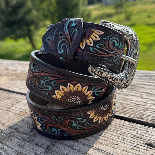 Genuine Leather Western Belt with dark tooled sunflowers and turquoise by Double B Wild Rags