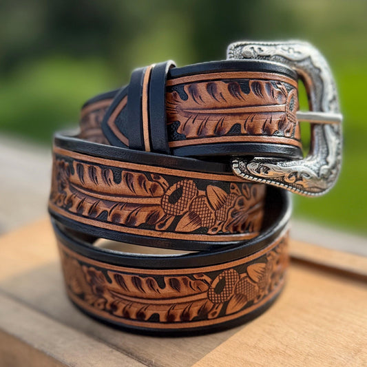Genuine Leather Western Belt with tooled leaf acorn details by Double B Wild Rags
