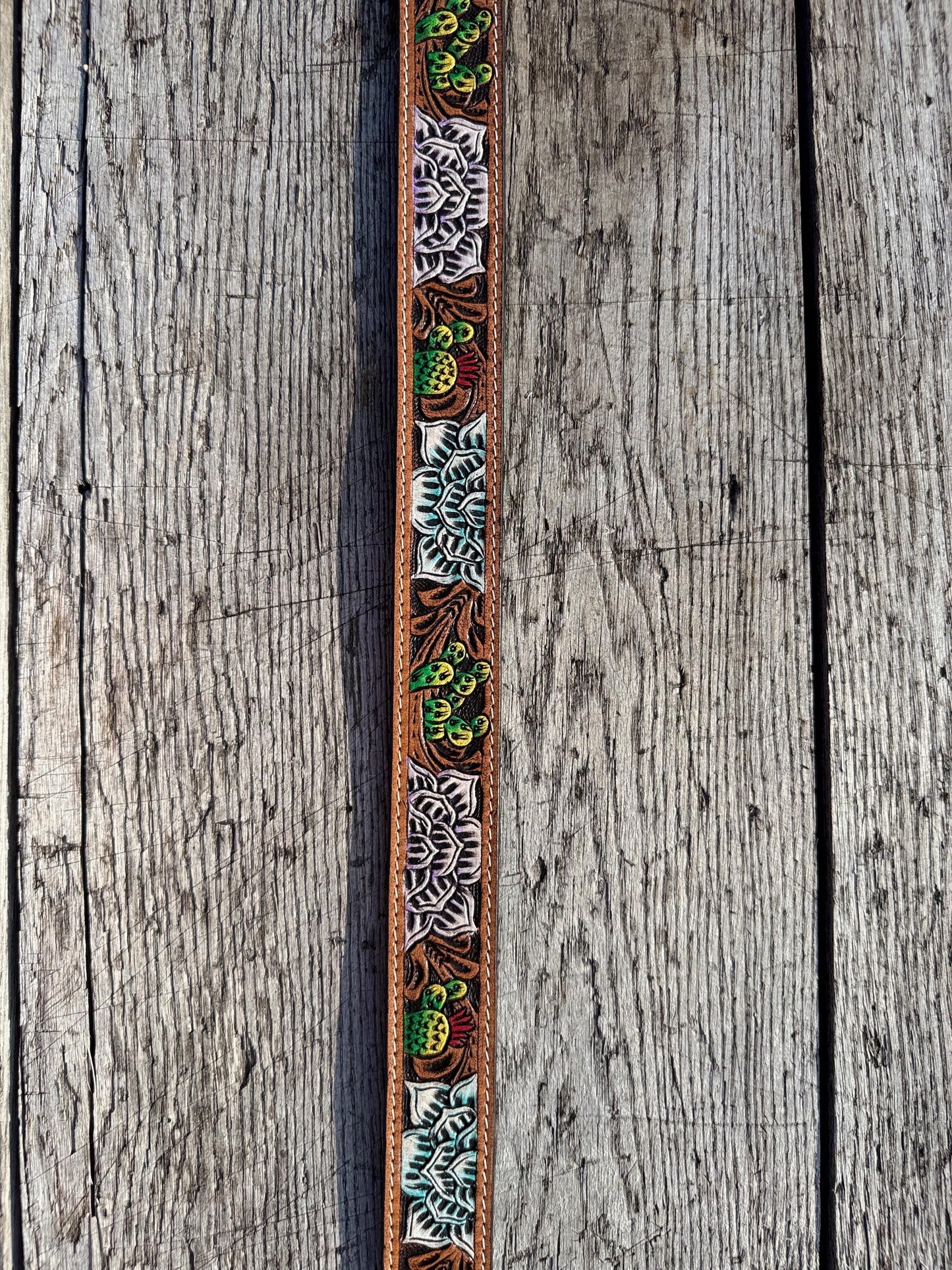 Genuine Leather Western Belt with tooled Succulent Cactus Flowers by Double B Wild Rags