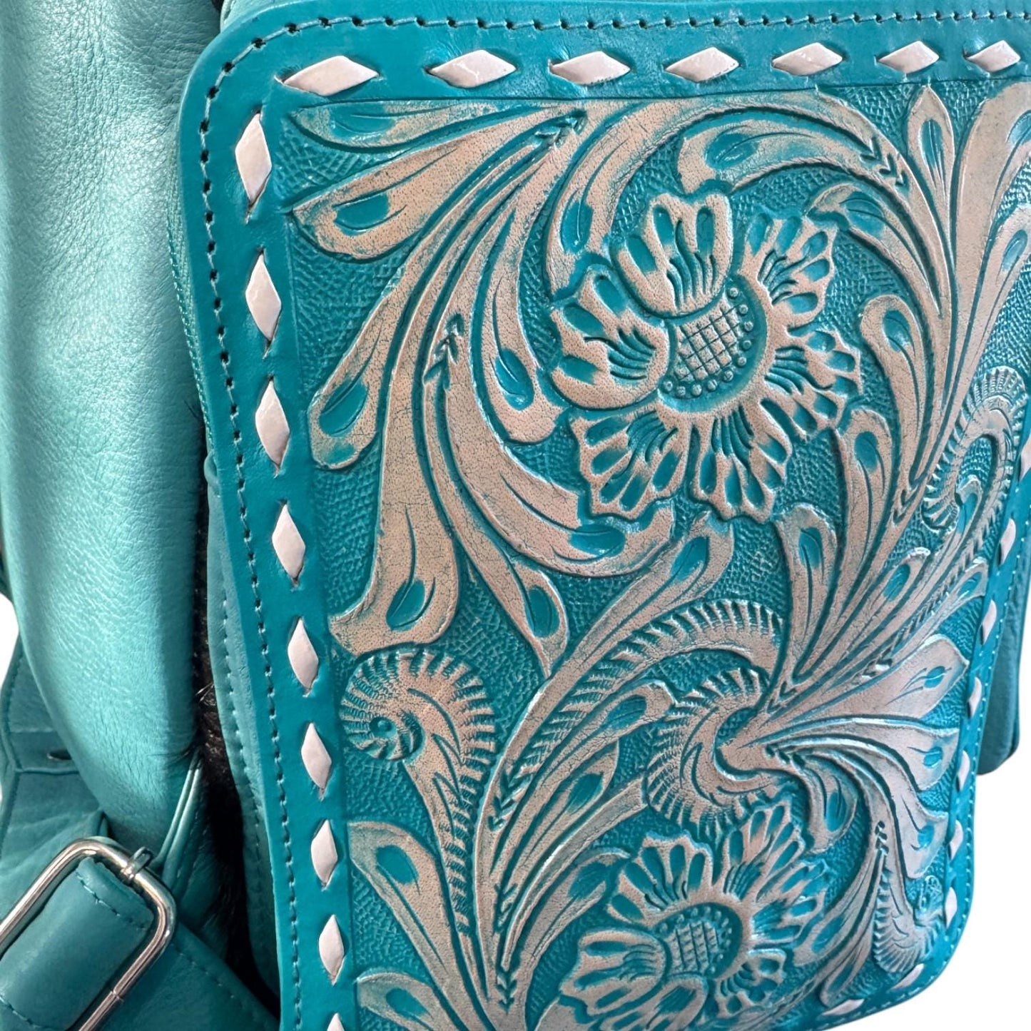 Turquoise Genuine Western Cowhide Leather Backpack Diaper Bag Personal Item carry-on luggage by Double B Wild Rags