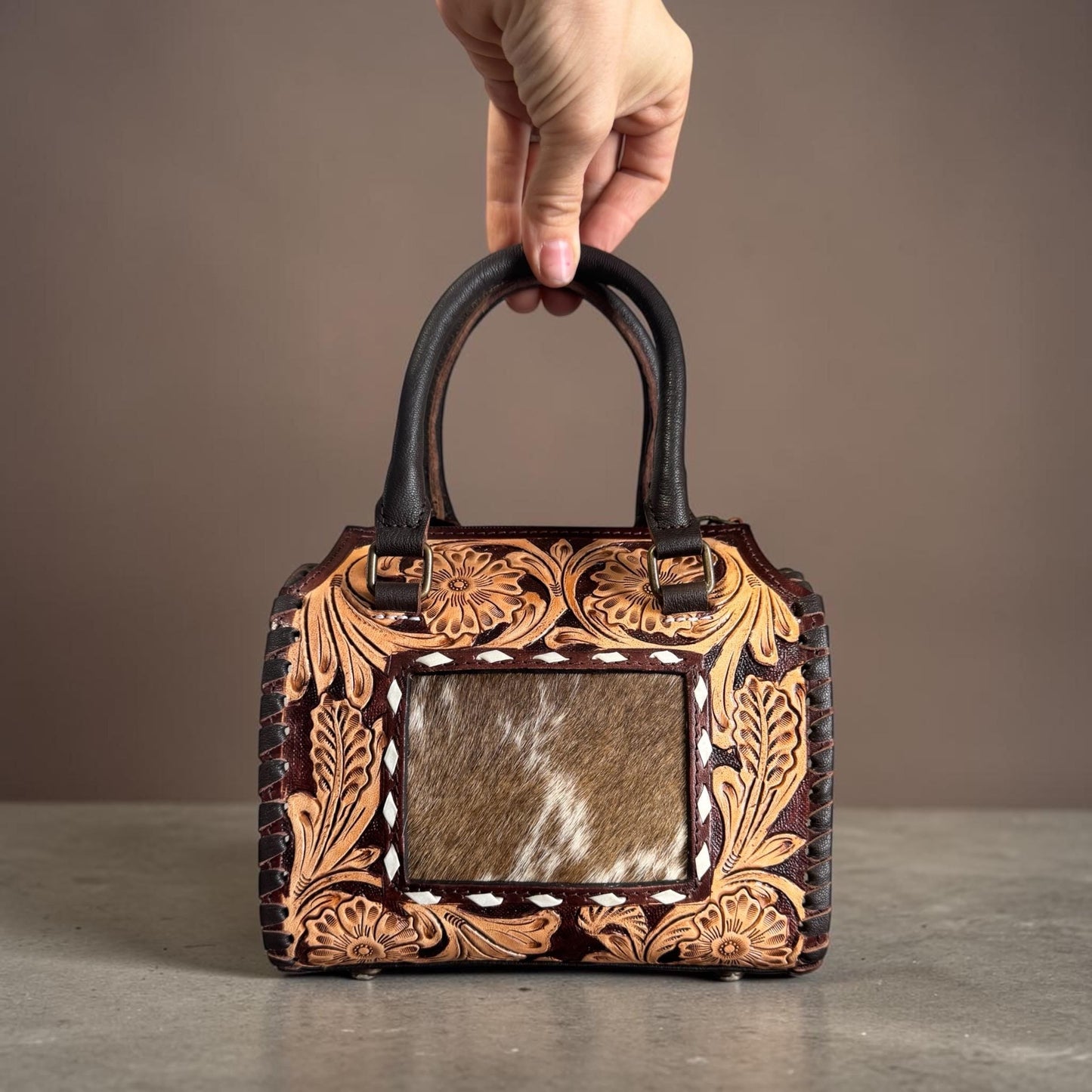 Genuine Western Leather Speedy Barrel Bag with Cowhide and Tooled details by Double B Wild Rags