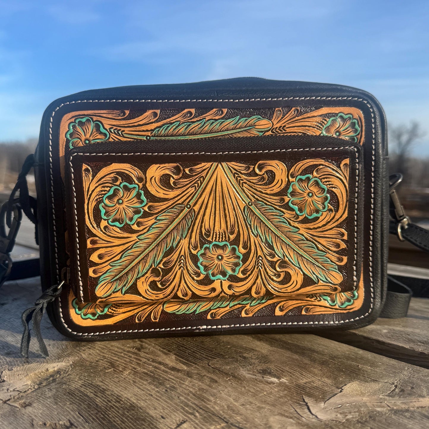Black and Turquoise Saddle Ridge Tooled Leather Western Crossbody Bag by Double B Wild Rags
