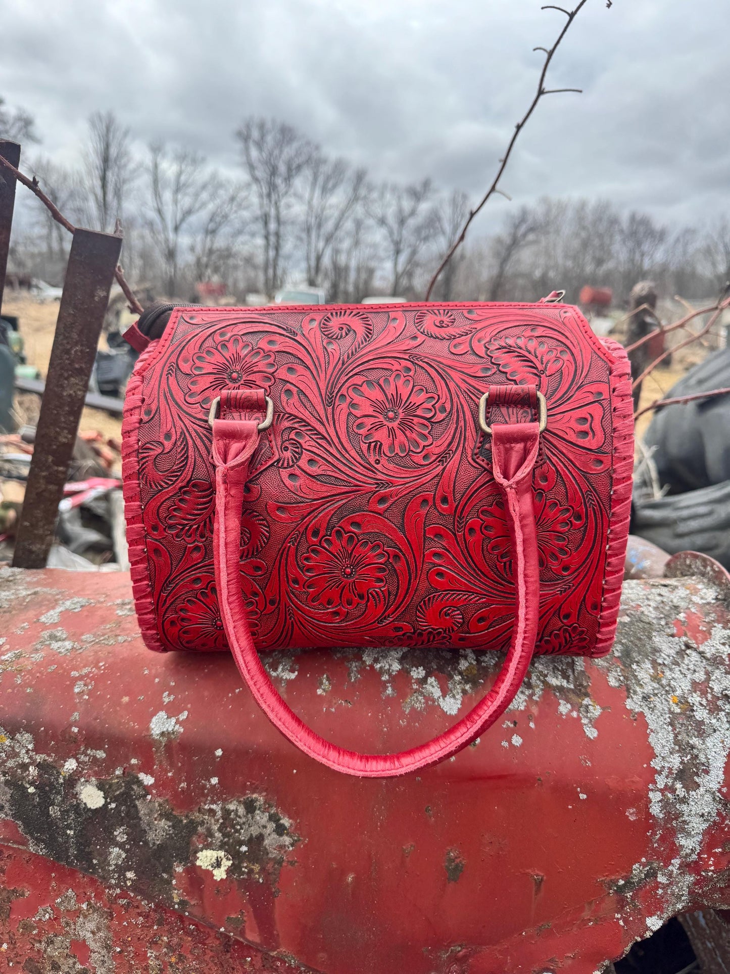 Deep Cherry Red Speedy Western Genuine Leather Barrel Bag Purse or Briefcase
