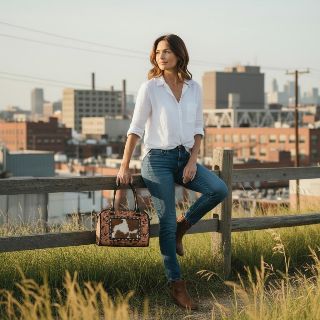 Genuine Western Leather Speedy Barrel Bag with Cowhide and Tooled details by Double B Wild Rags