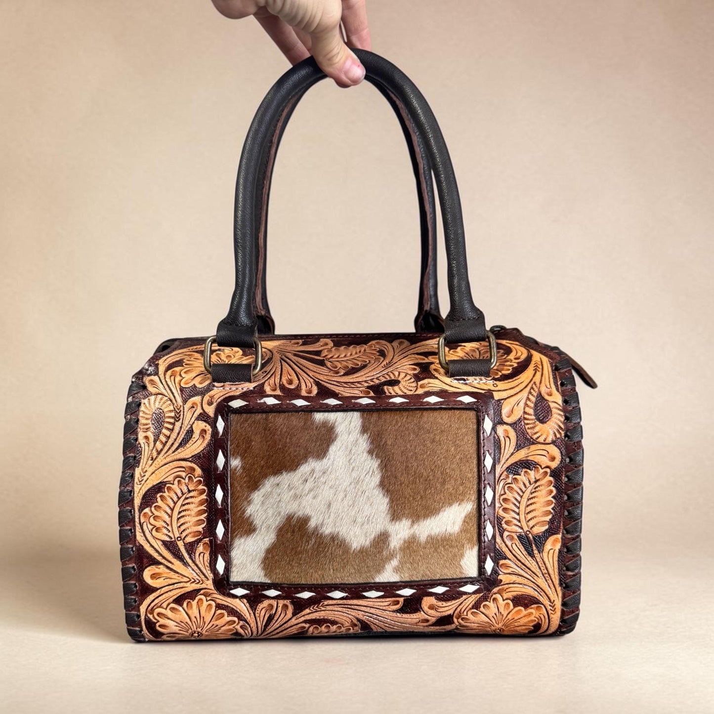 Genuine Western Leather Speedy Barrel Bag with Cowhide and Tooled details by Double B Wild Rags