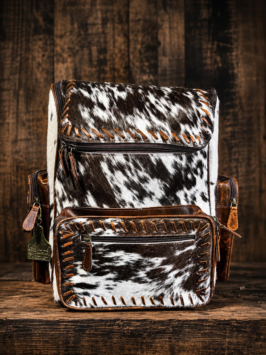 Open Range Genuine Cowhide Leather Backpack - Brindle or Spotted by Double B