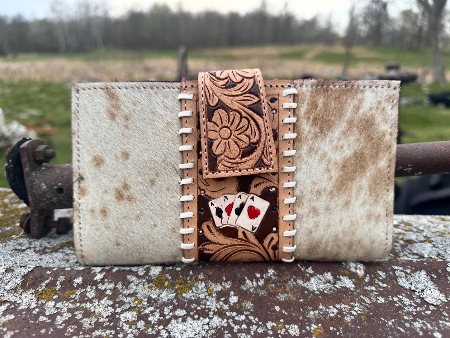 Genuine Western Spotted Cowhide Leather Purse and Wallet with Ace Cards painted details and tan fringe