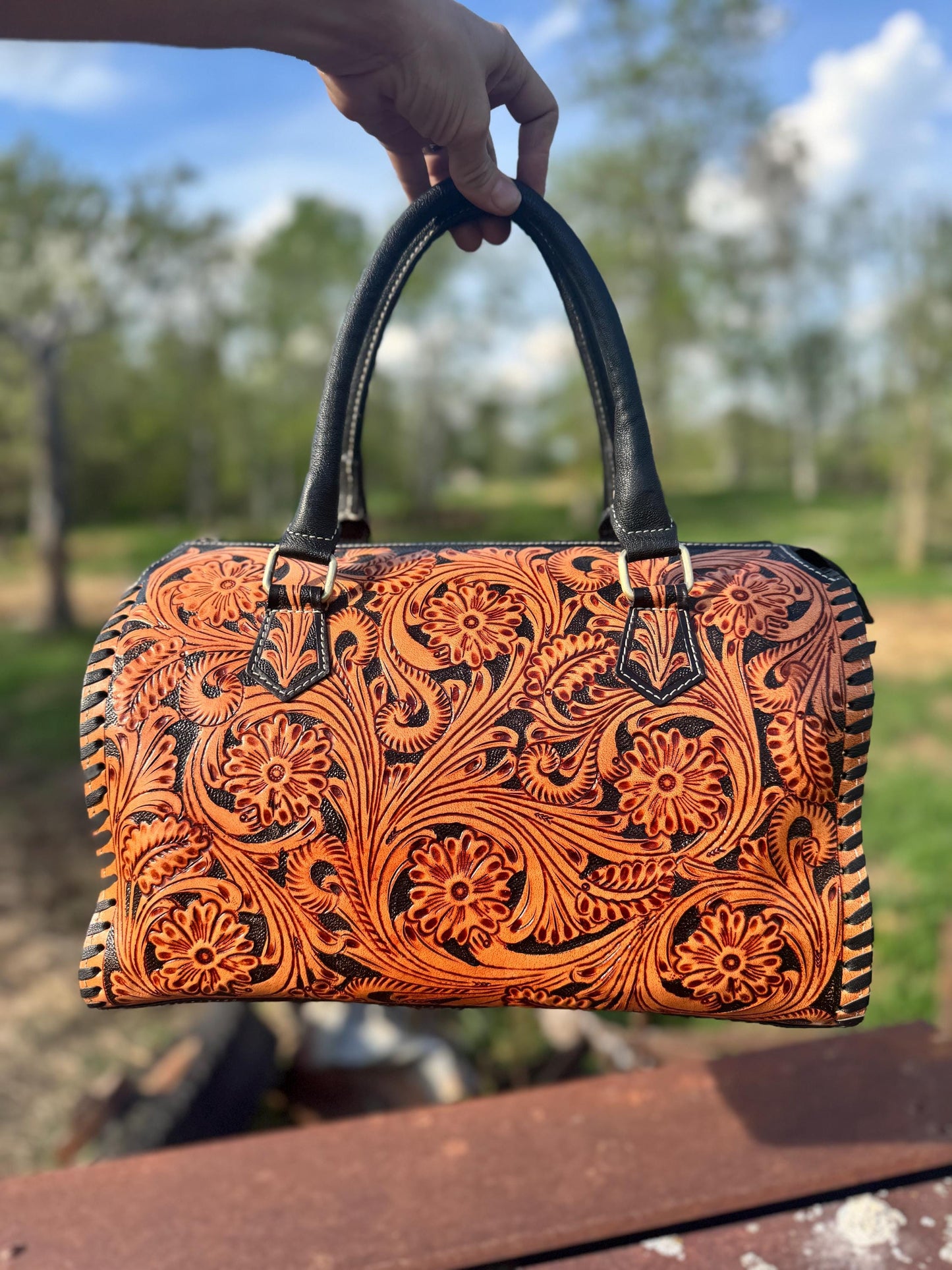 Western Nights Black Speedy Genuine Leather Barrel Bag Purse by Double B