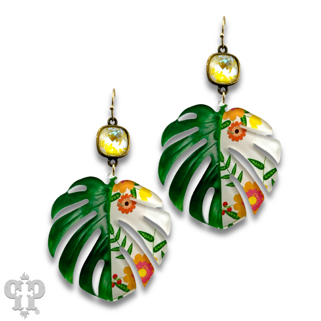 Green leaf earring with Austrian crystal