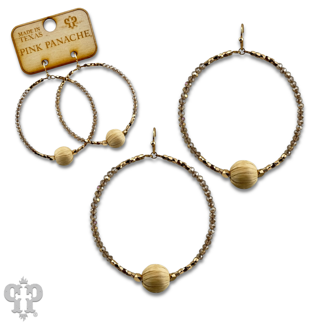 Seed bead circle earring with raffia bead and Austrian crystal