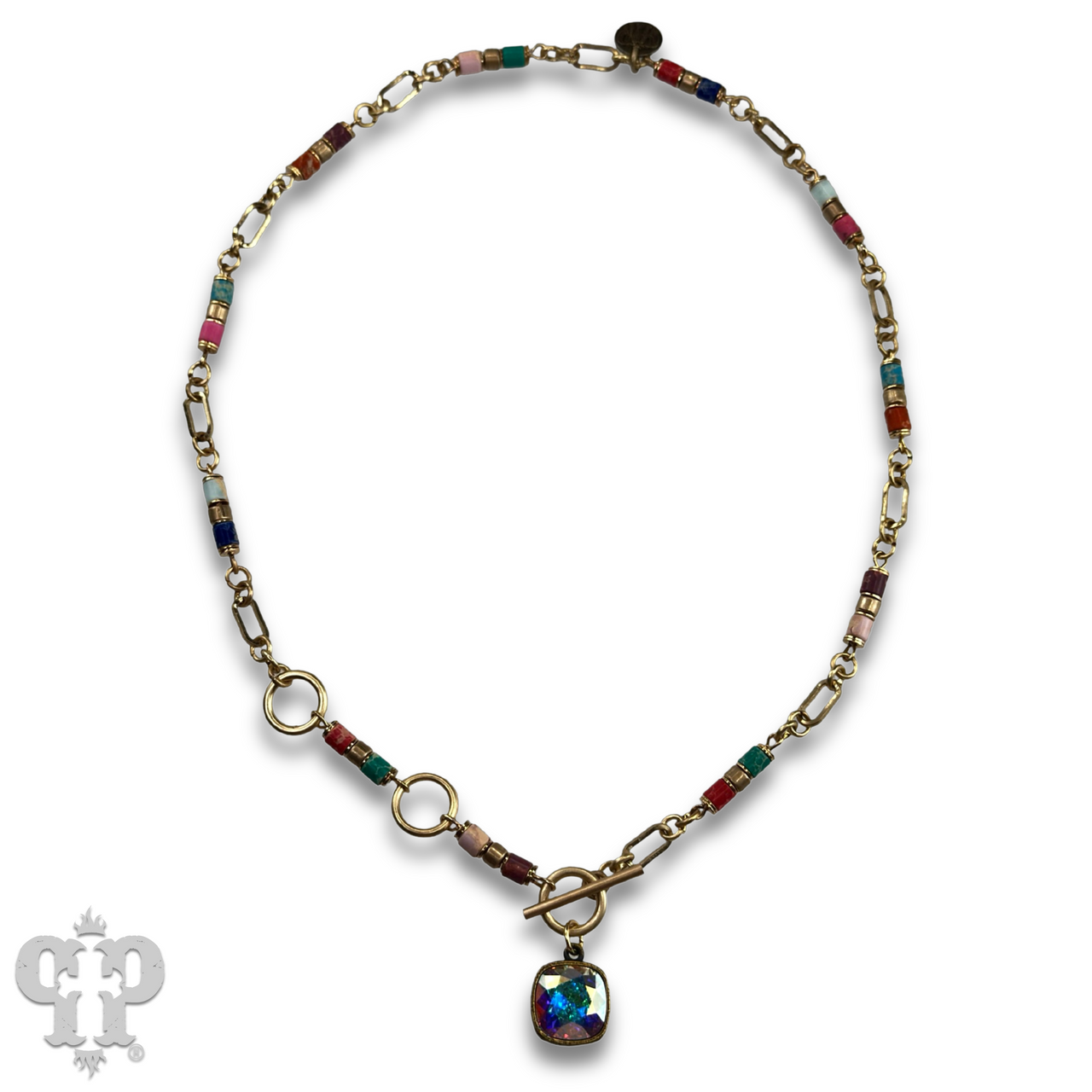 Cylinder stone linked bead with toggle closure and Austrian crystal necklace