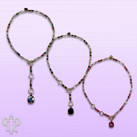 Cylinder stone linked bead with toggle closure and Austrian crystal necklace