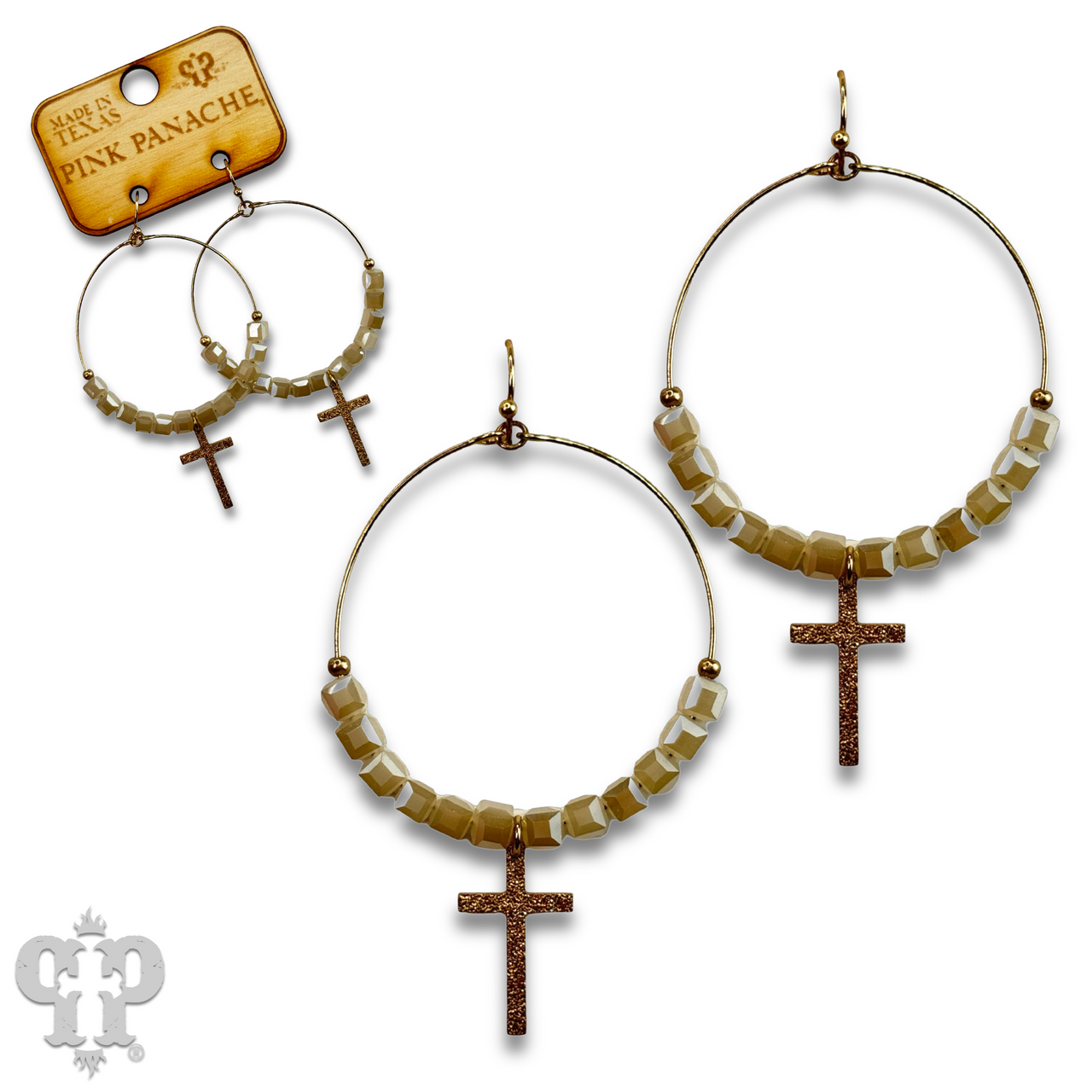 Square crystal bead earring with small gold cross charm