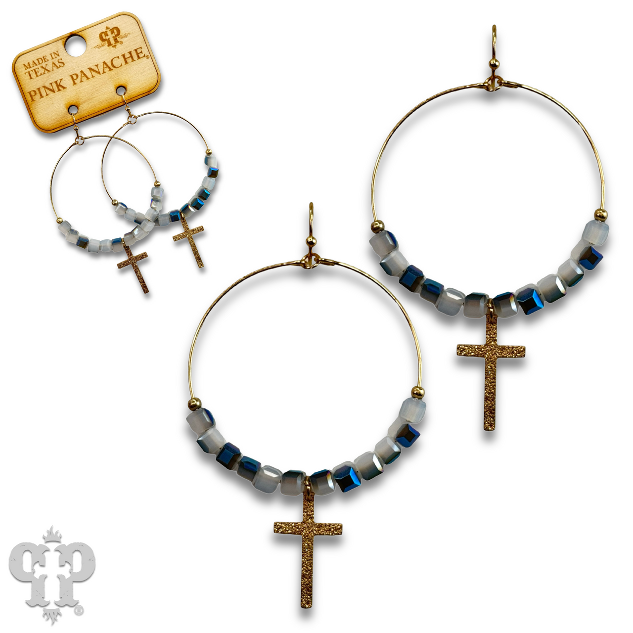 Square crystal bead earring with small gold cross charm