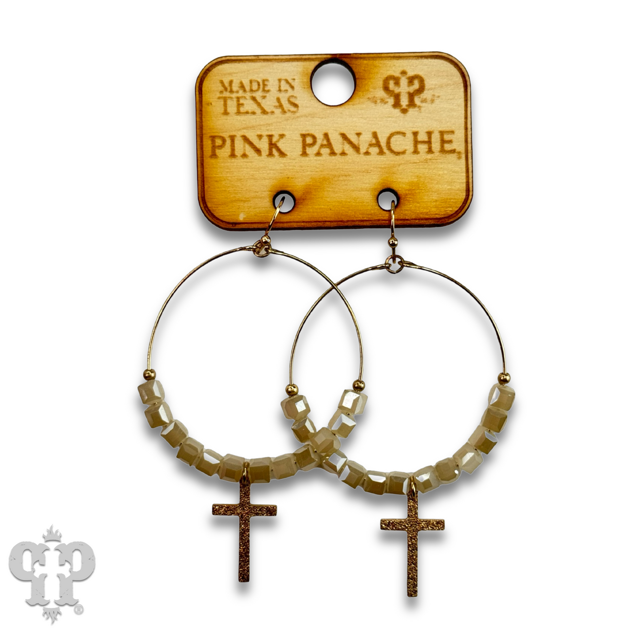 Square crystal bead earring with small gold cross charm