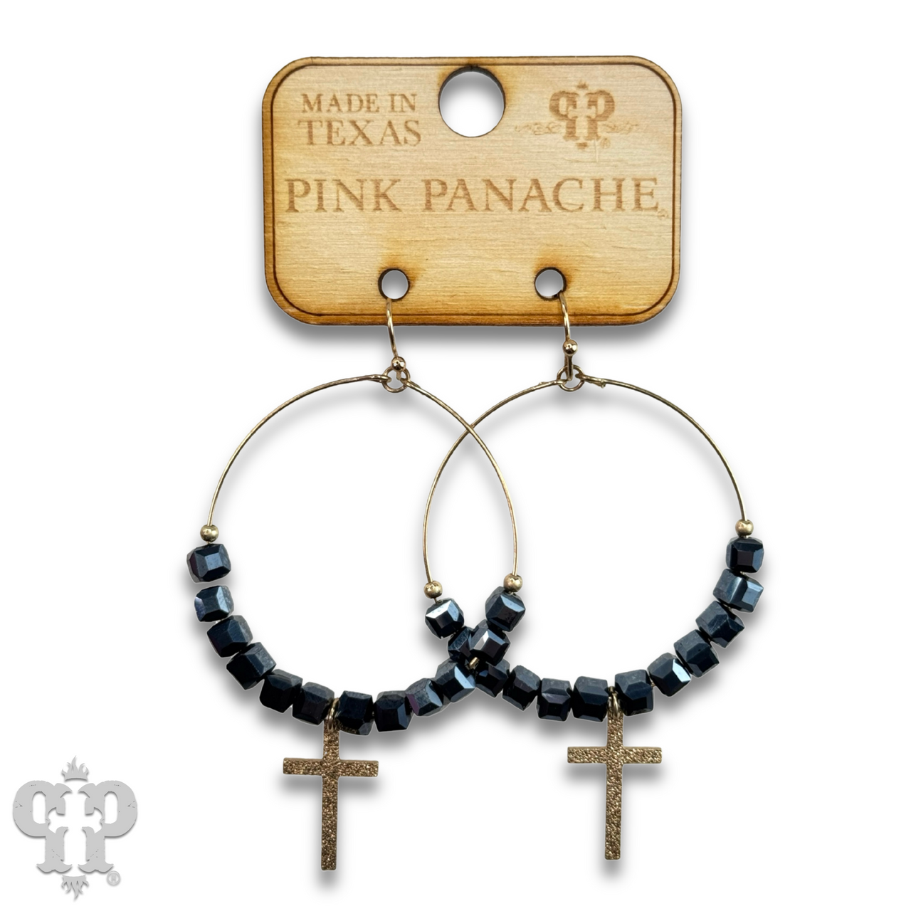 Square crystal bead earring with small gold cross charm