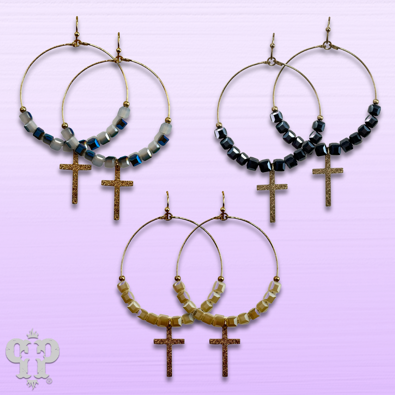Square crystal bead earring with small gold cross charm