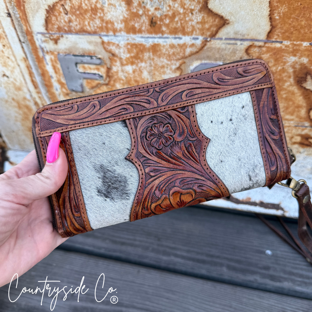 Lucille Cowhide Tooled Leather Wallet Wristlet