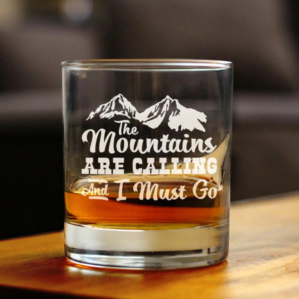 Mountains are Calling - Funny Whiskey Rocks Glass Gifts for Outdoorsy Men & Women - Fun Whisky Drinking Tumbler Décor