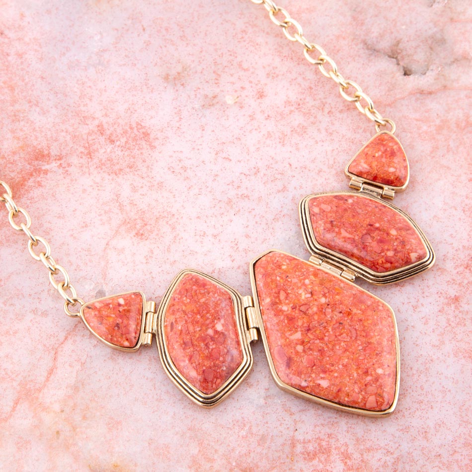 Multi Shape Orange Sponge Coral Pendant Gold Necklace