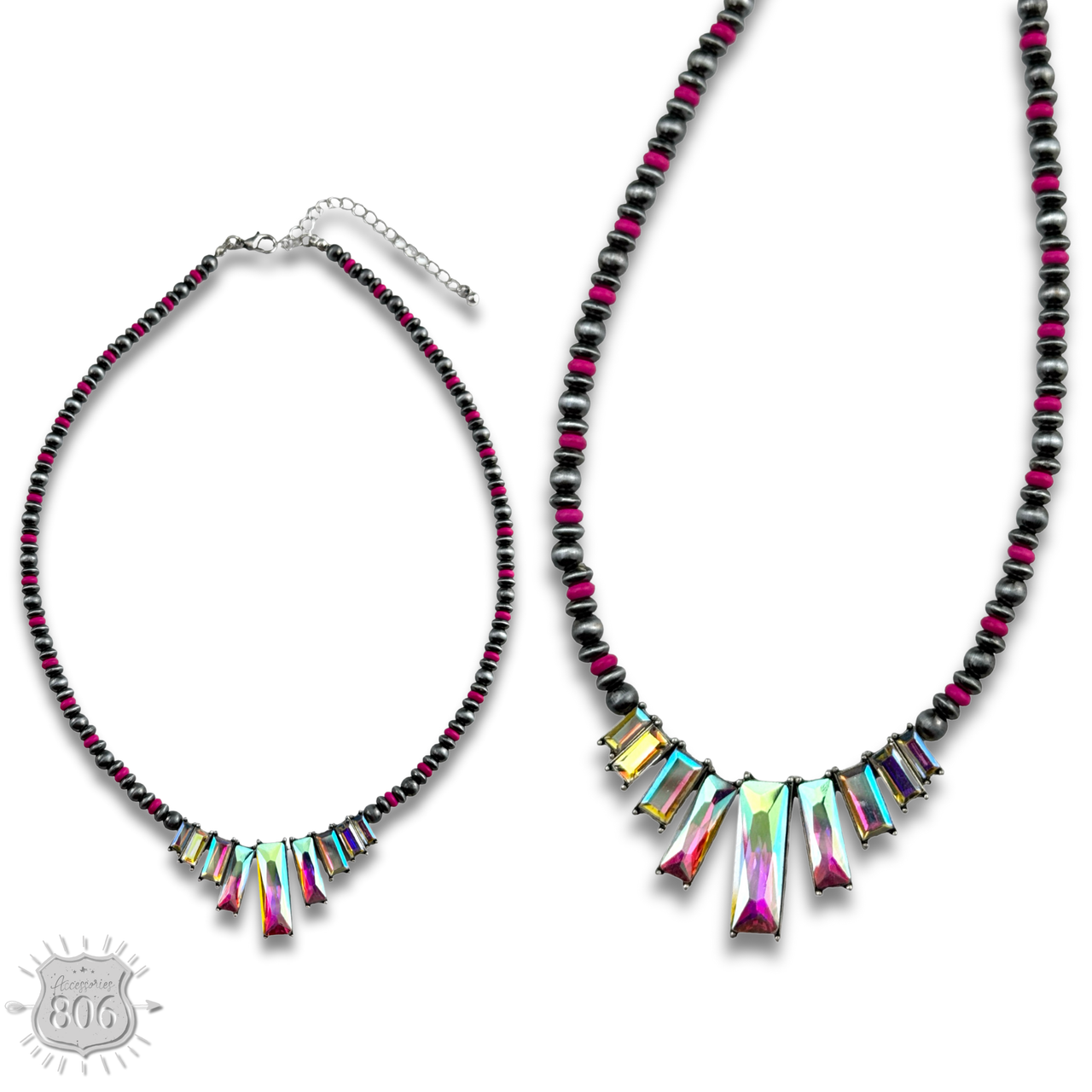 Rhinestone rectangle and burnished bead necklace