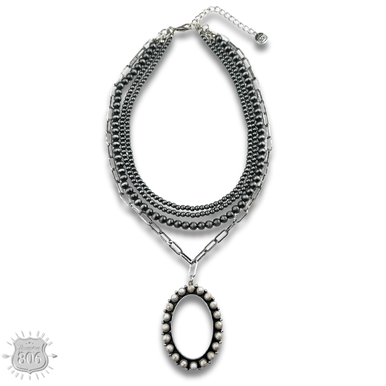 Burnished silver necklace, oval stone pendant