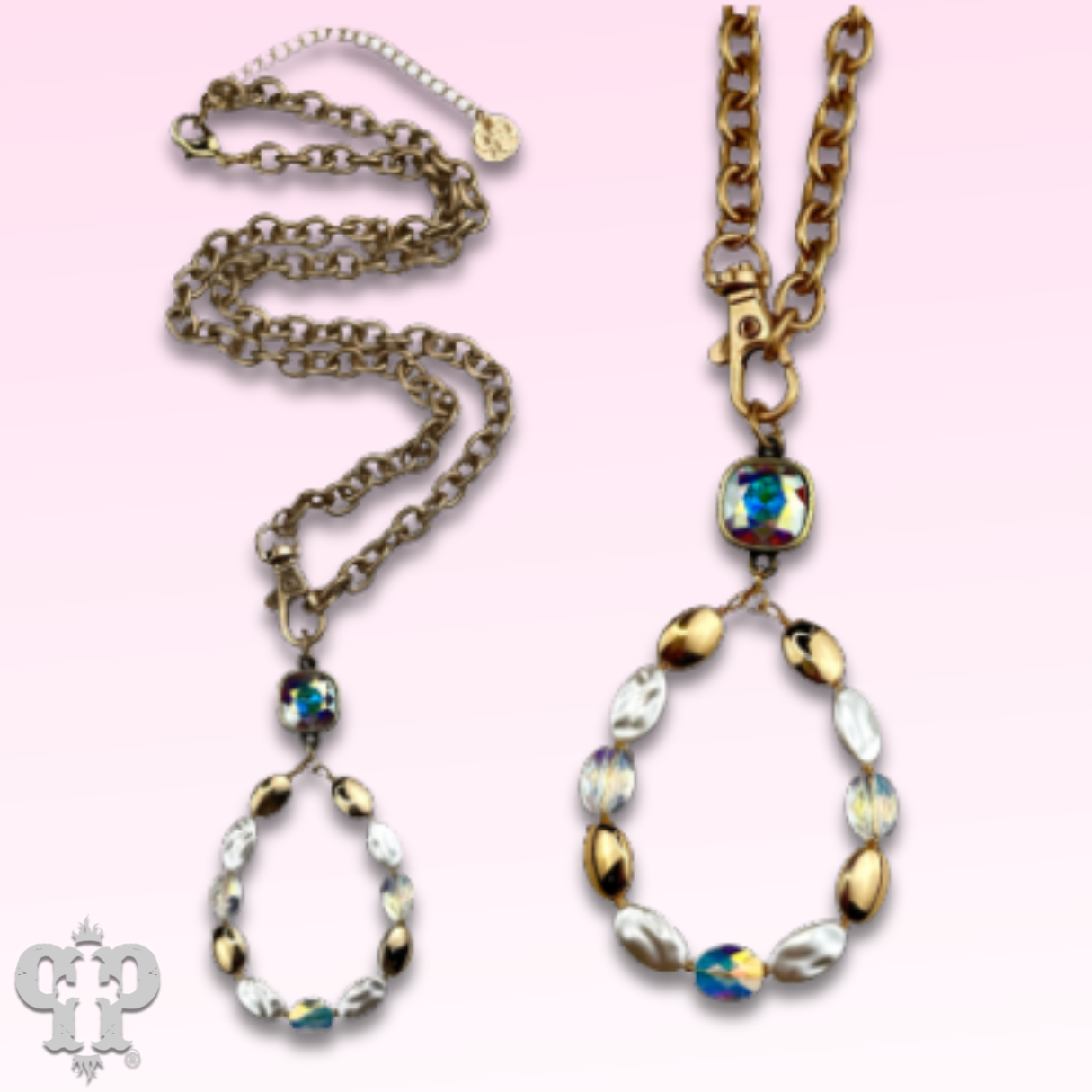 Oval bead teardrop pendant necklace with Austrian crystal