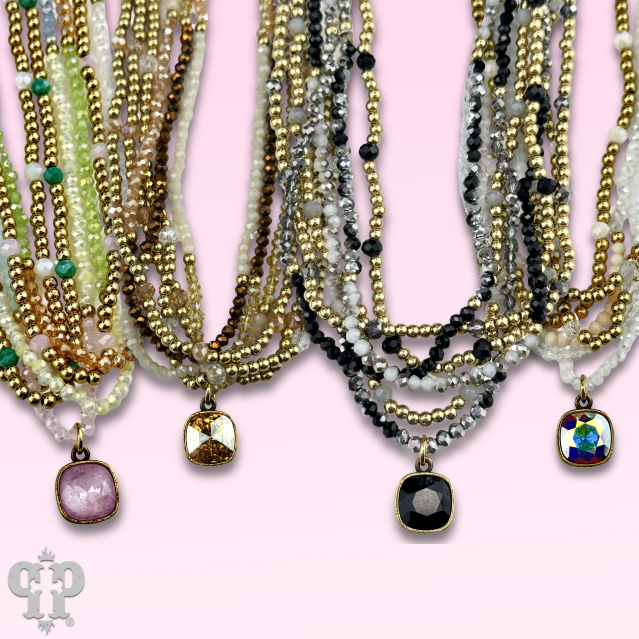 Gold tone and glass bead necklace with Austrian crystal