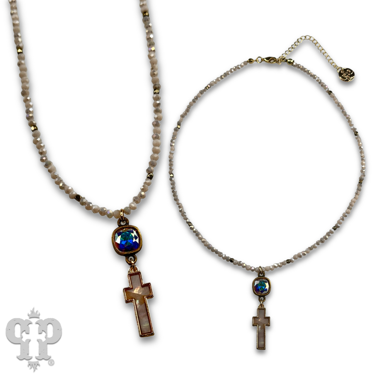 Pearl finish cross charm necklace with Austrian crystal