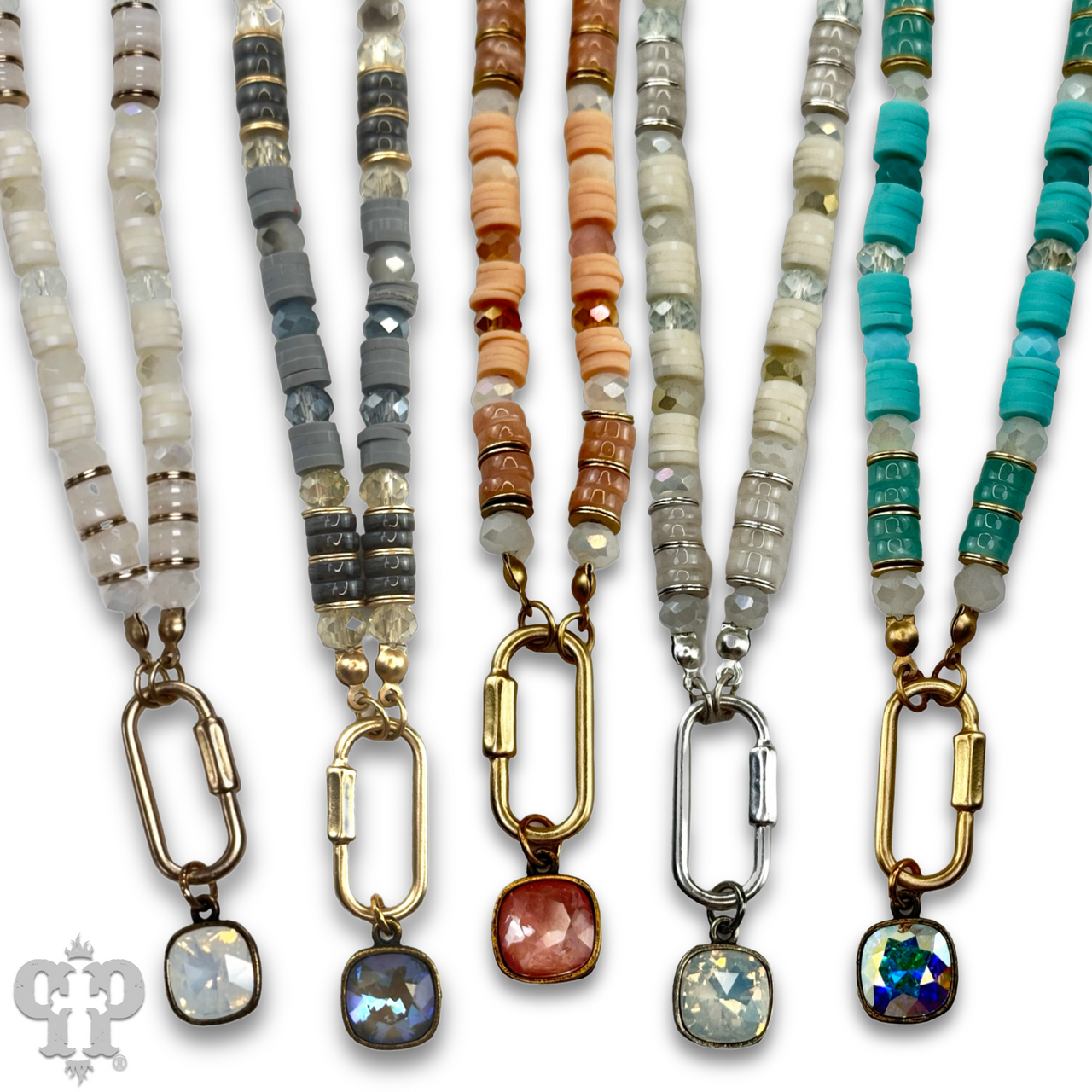 Stone disc and crystal bead necklace with Austrian crystal