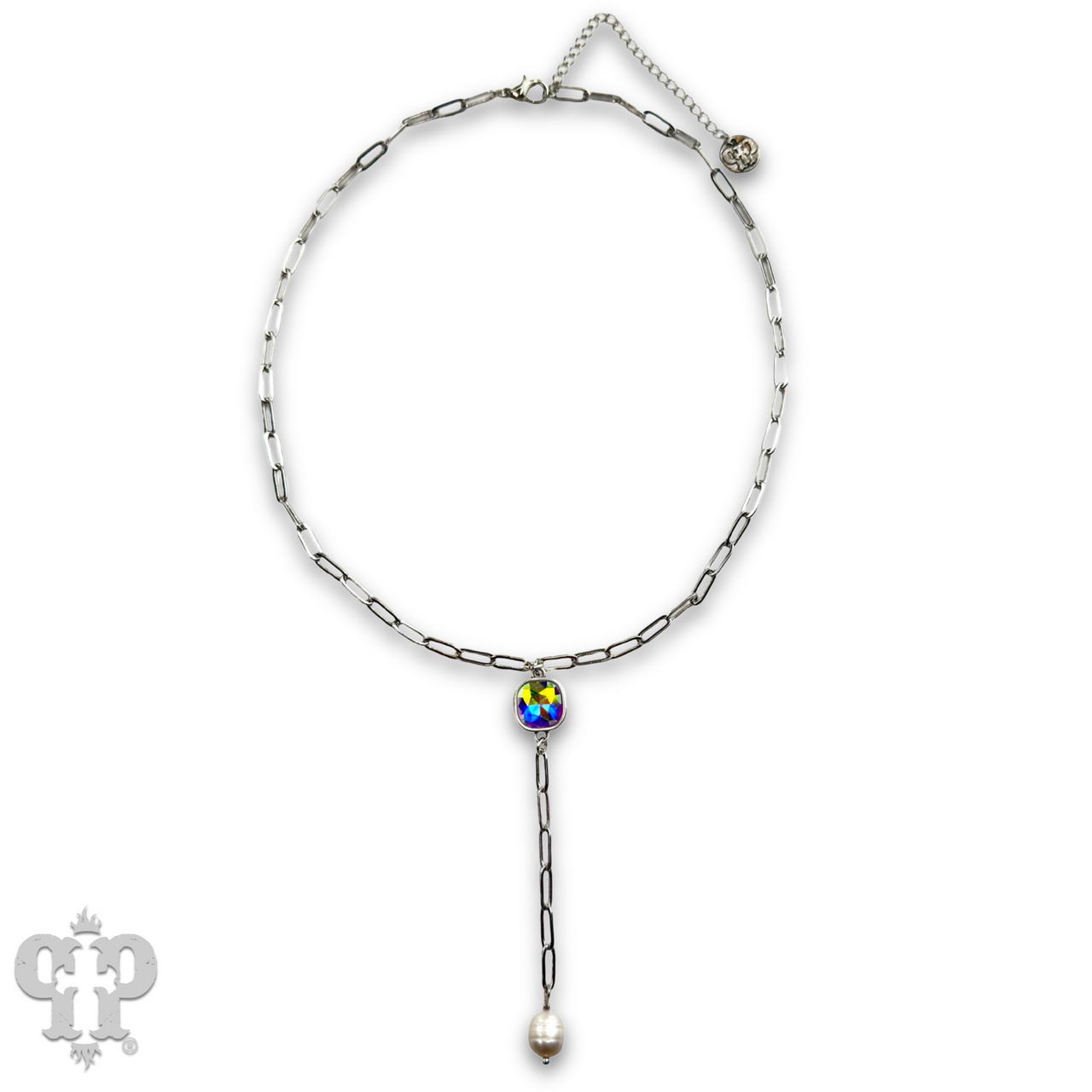 Pearl drop chain necklace with Austrian crystal