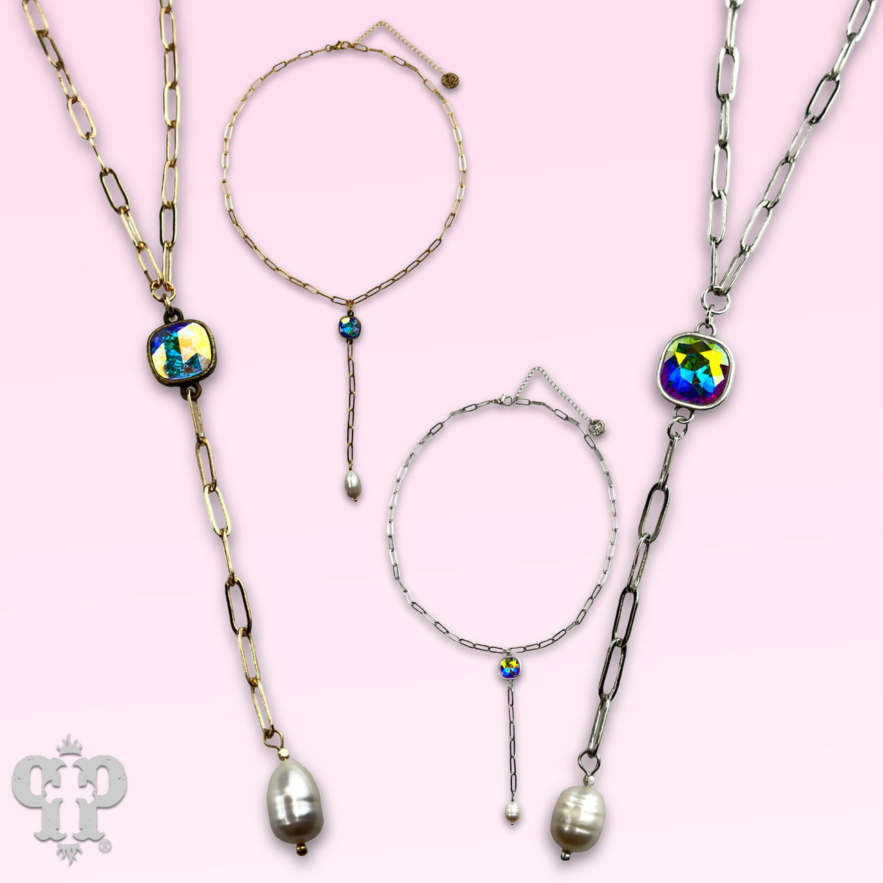 Pearl drop chain necklace with Austrian crystal