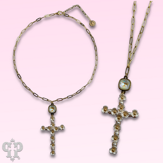 Flower cross necklace with Austrian crystal