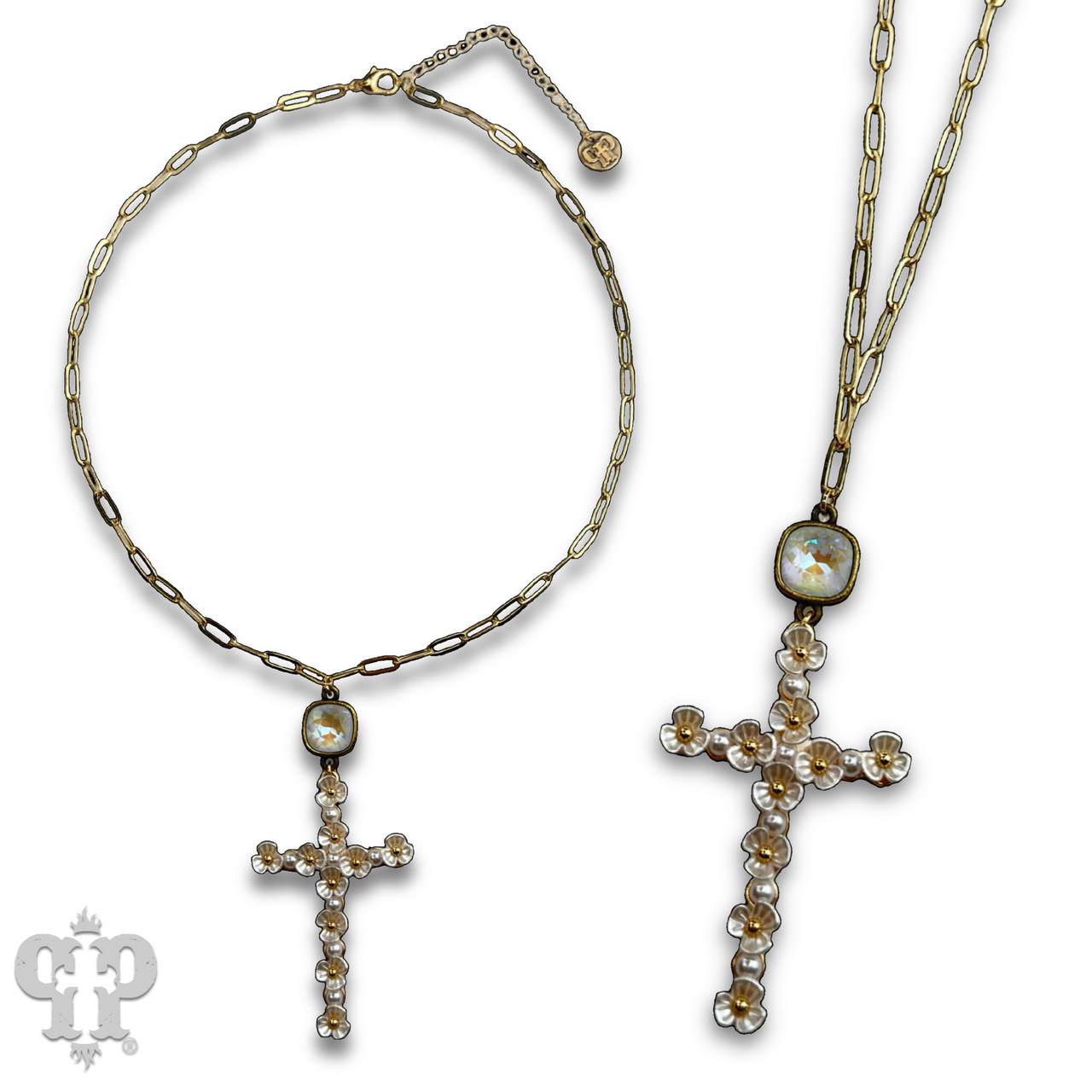 Flower cross necklace with Austrian crystal