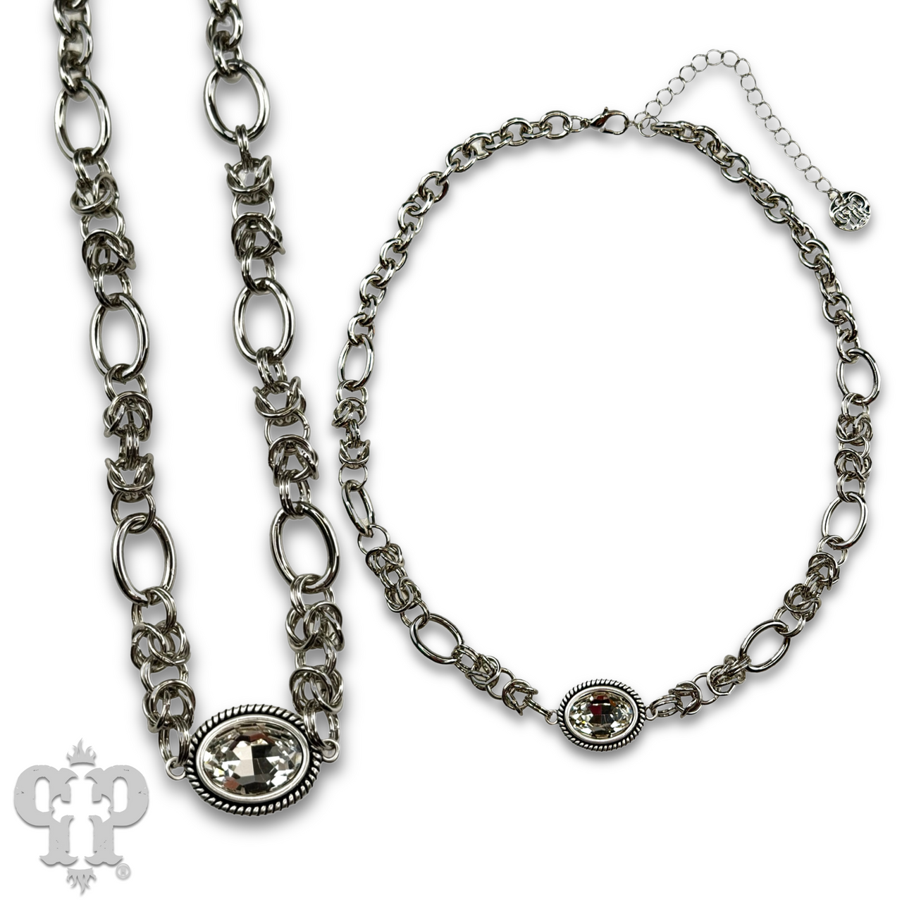 Horizontal oval crystal pendant on chain necklace