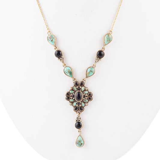 Barcelona Black Onyx and Blue Turquoise Golden Y-Necklace