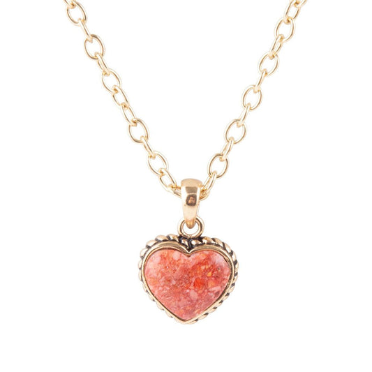 Orange Sponge Coral Heart Pendant and Golden Bronze Necklace