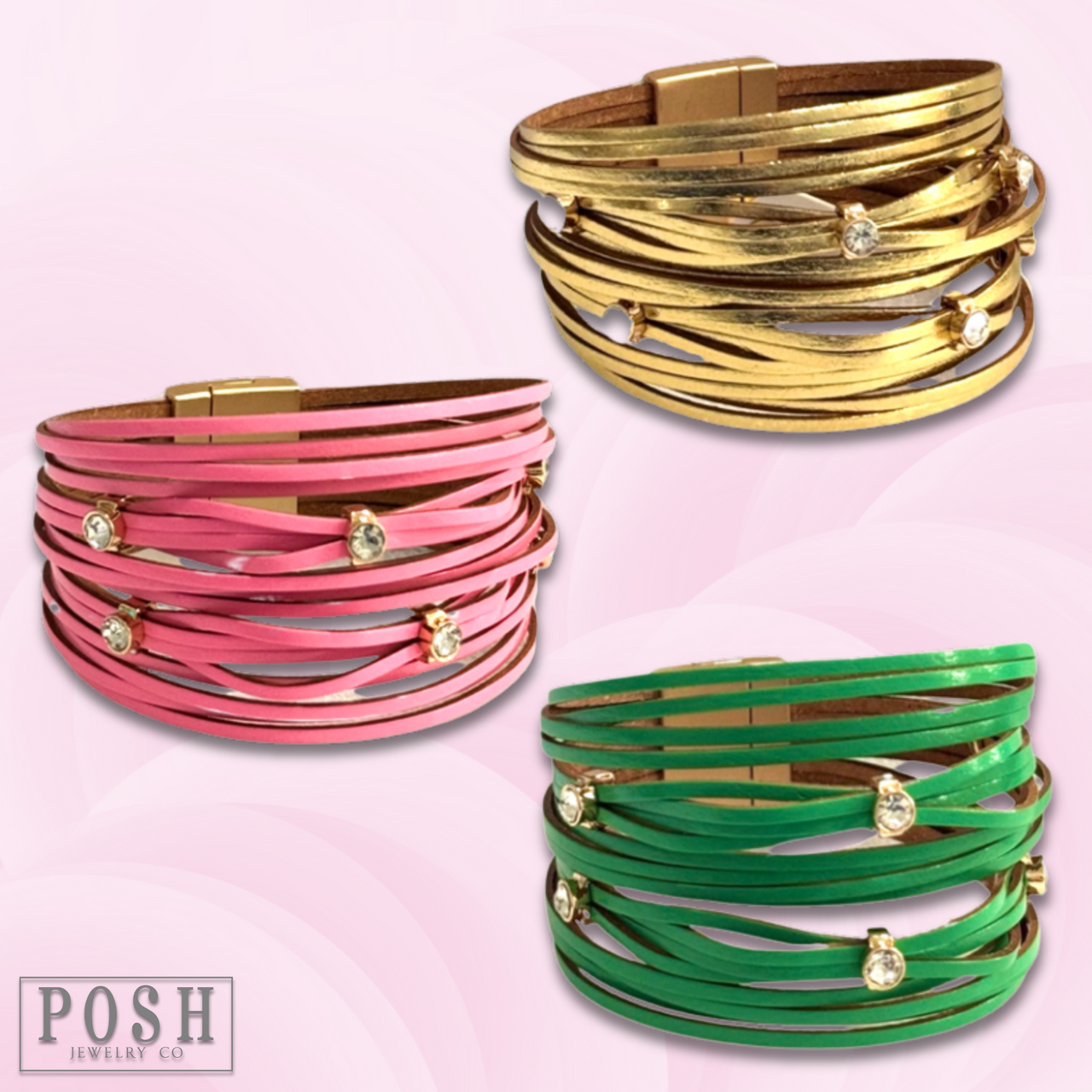 Leather and rhinestone magnetic bracelet