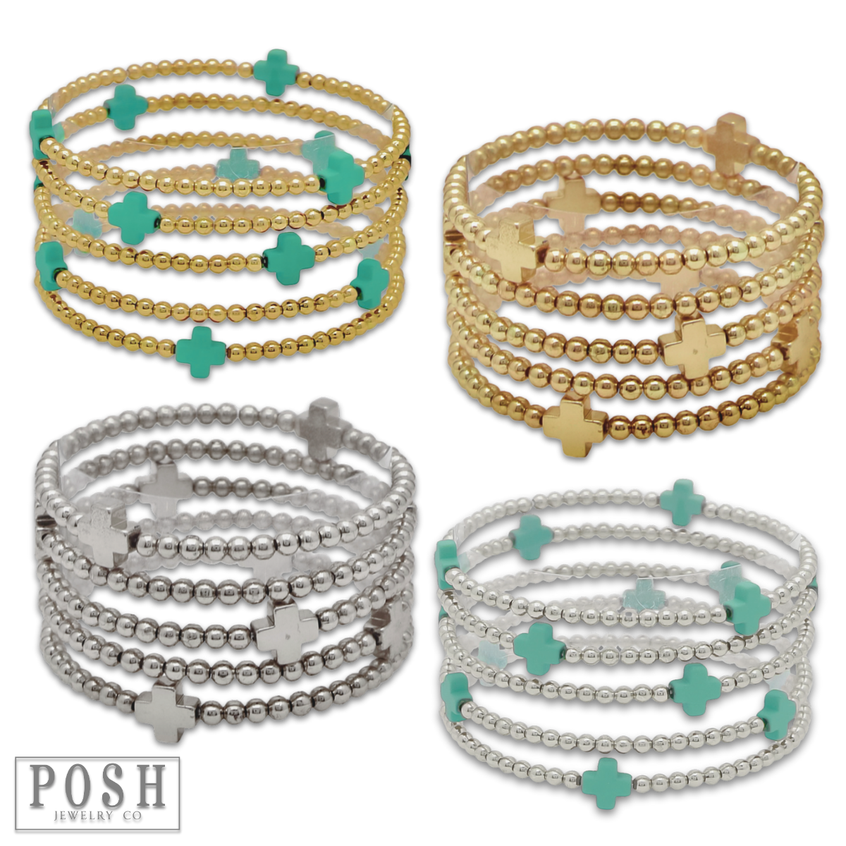 Beads and cross charm stack bracelet