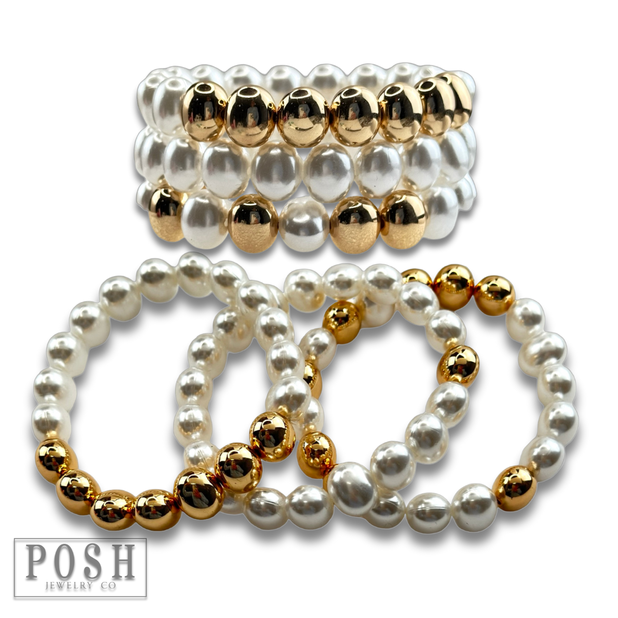 Pearl and gold oval bead bracelet set