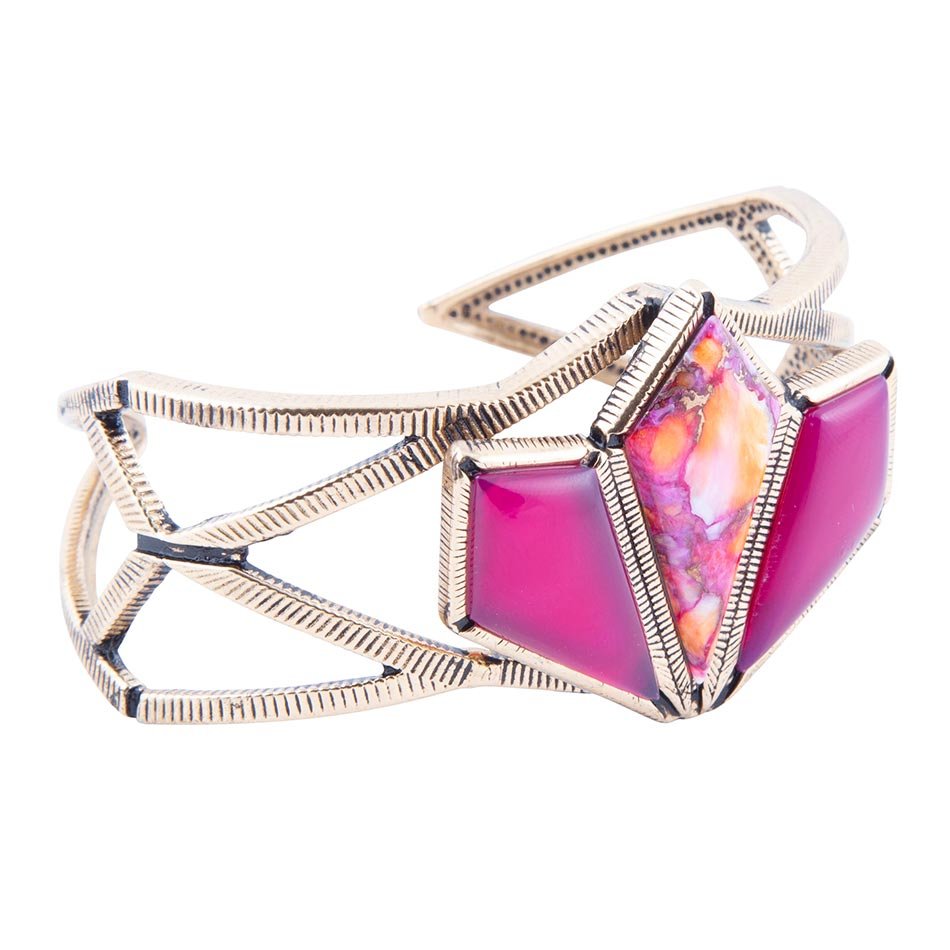 Pink Agate and Coral Matrix Golden Cuff Bracelet