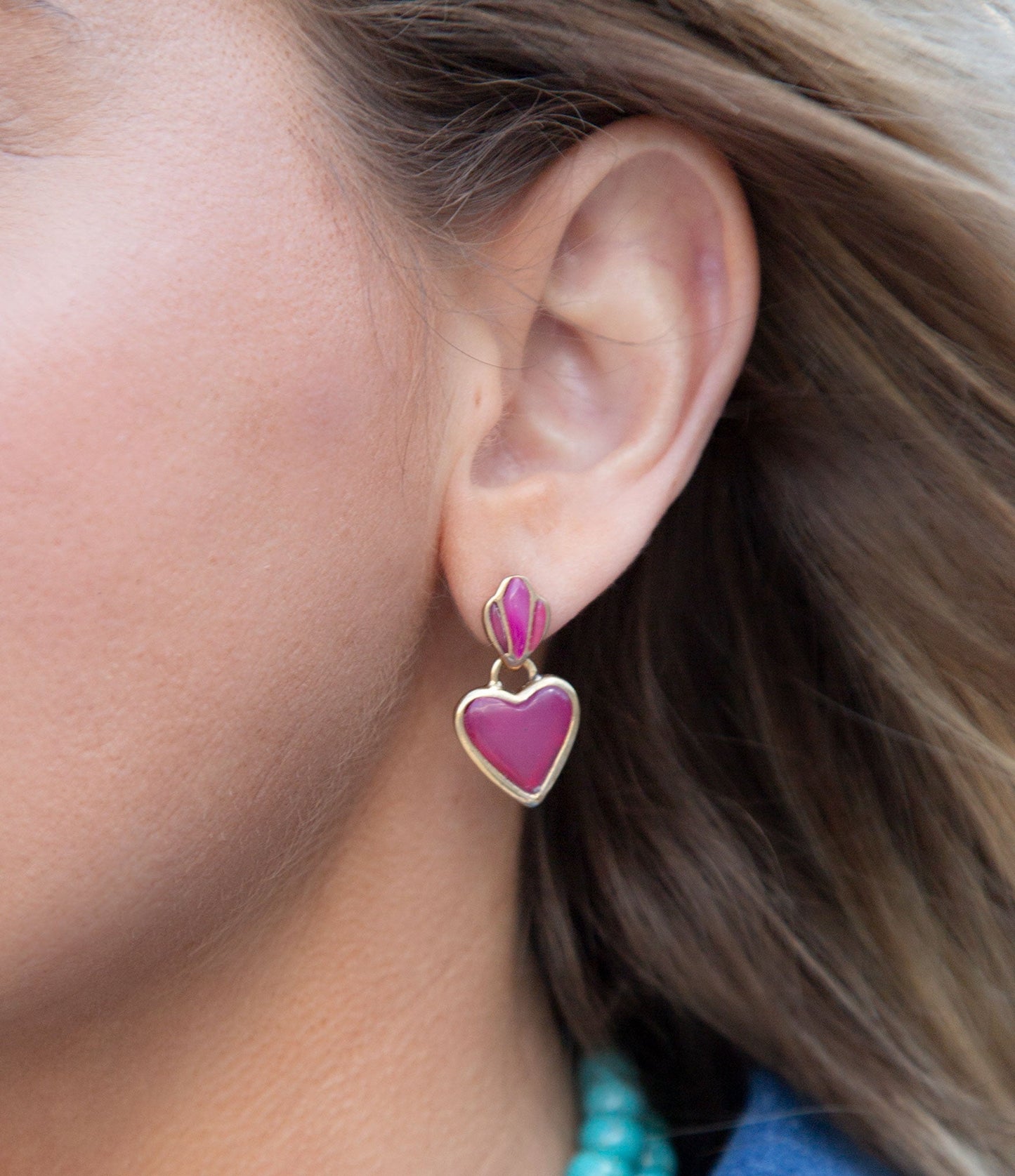 Pink Agate Heart Drop Golden Earrings