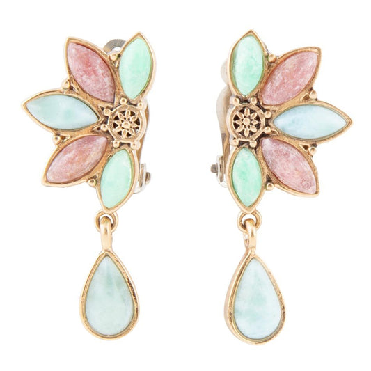Pink Rhodonite Blue Amazonite and Varacite Petals Golden Clip Earrings