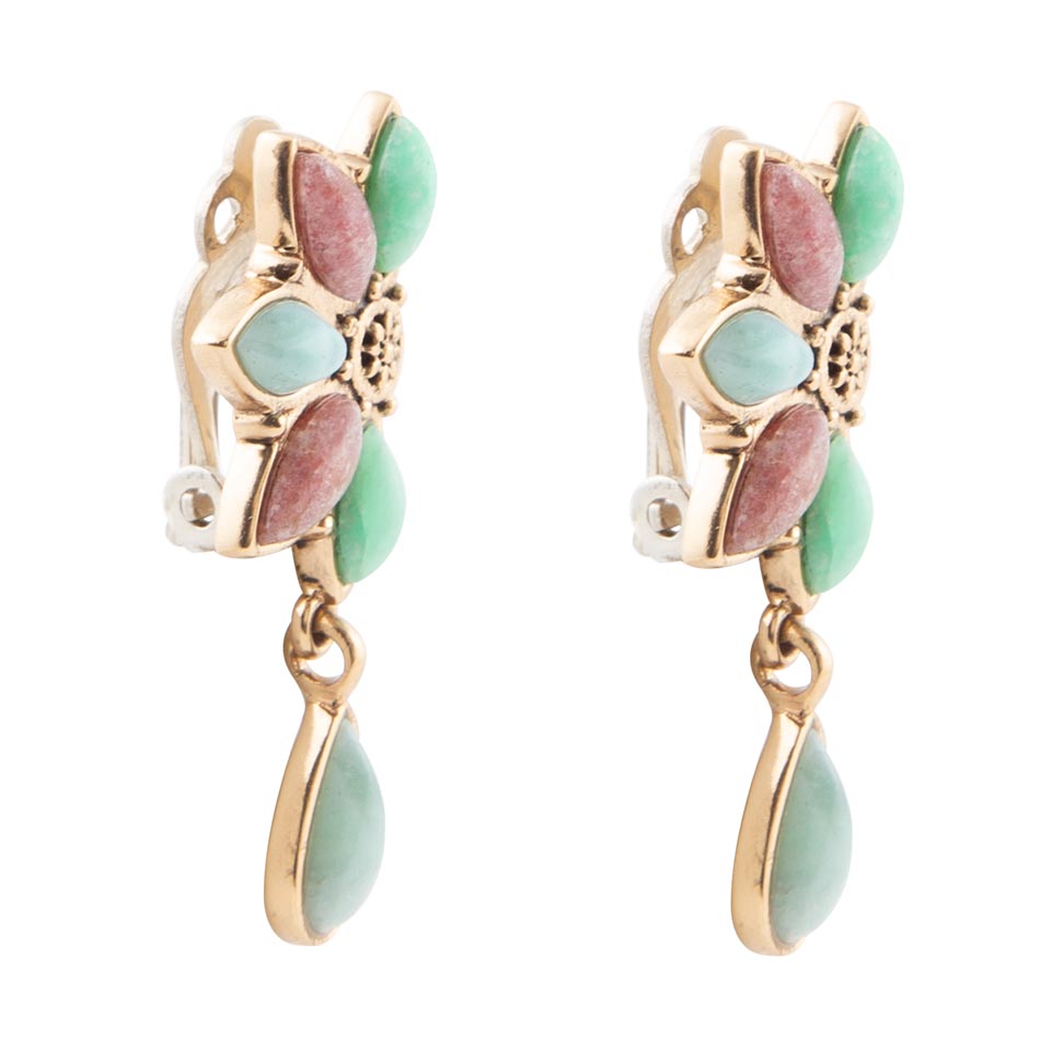 Pink Rhodonite Blue Amazonite and Varacite Petals Golden Clip Earrings