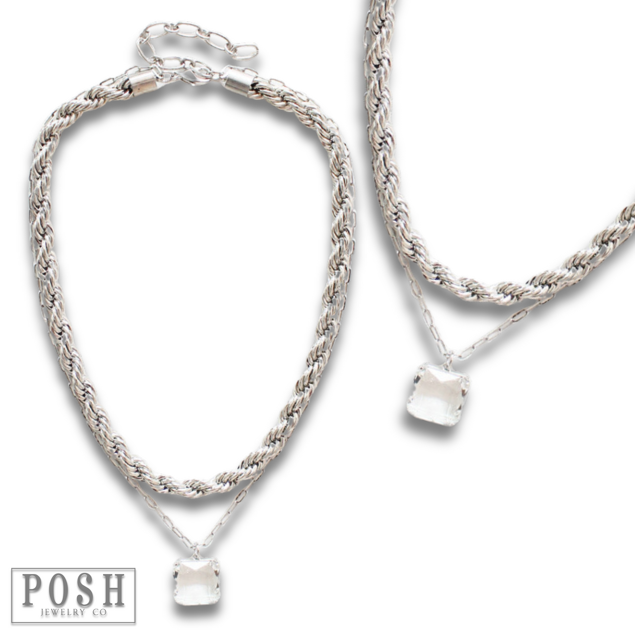 Silver tone double chain necklace